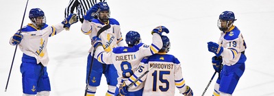 The Lakers celebrate a goal against Minnesota State.
